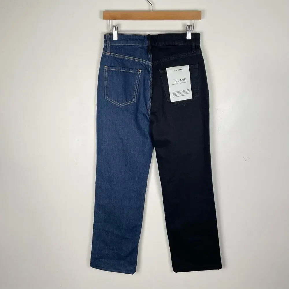 Frame NWT Le Jane High Rise Straight Leg Two Tone Colorblock Jeans Dell Noir 25